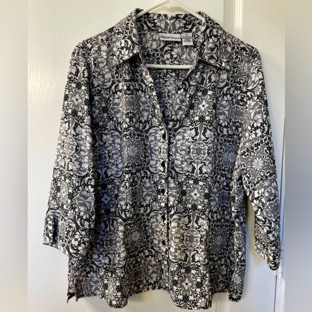 Apparenza women’s collared button down 3/4 sleeve black and white blouse PXL
